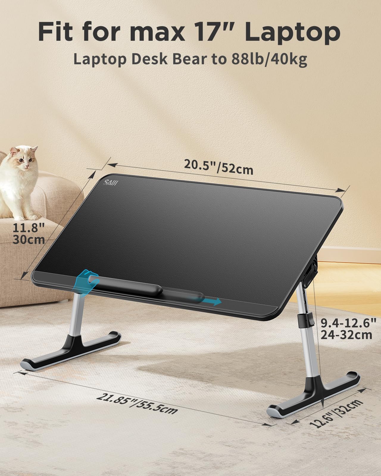 "SAIJI Laptop Table for Bed, Adjustable Height, Angle, Folding Legs, Sled Feet, PVC Leather Tabletop, Compatible with Laptops up to 17 Inches (Black, 52*30cm)"