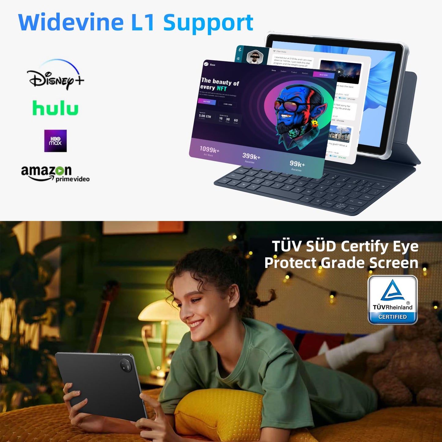 Rebecco 10-inch Tablet, Android 14 Tablet with Bluetooth 5.4, 12GB RAM+128GB ROM (expandable to 1TB), Octa-Core Android 14, 1280x800 IPS HD Touchscreen, WiFi 6, Dual Camera, 6000mAh battery, Widevine L1.