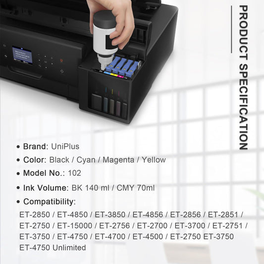 UniPlus Ink E102 ET-2850 ET-4850 ET-3850 ET-2856 ET-2750 Printer Cartridges Compatible with Epson E102 Multipack Refill Compatible with Epson Ecotank ET-4856 ET-15000 ET-4700 ET-3750 ET-4750 ET-4500 2756.