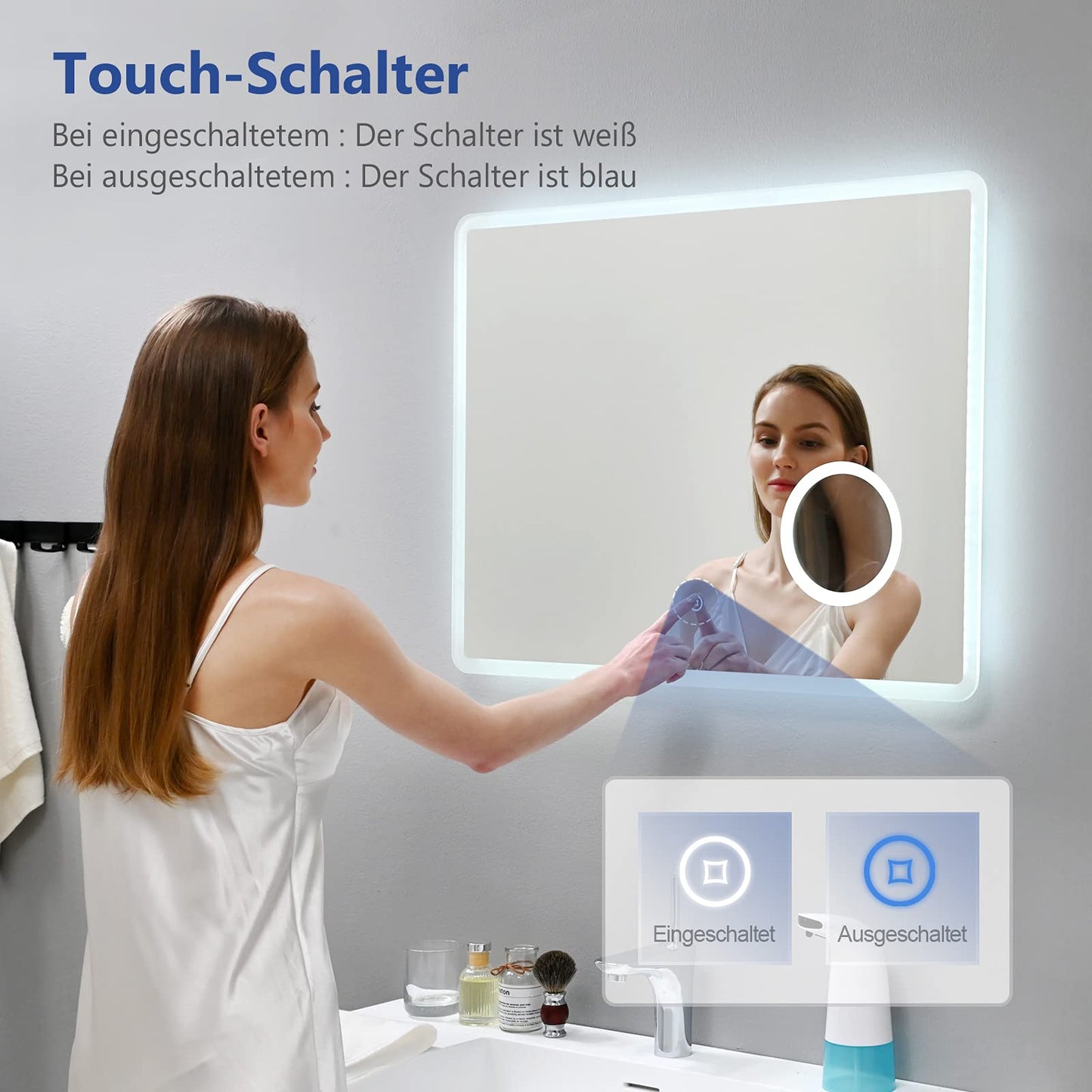 Meykoers LED bathroom mirror with lighting wall mirror 90x70cm bathroom mirror with touch switch fog-free clock and cool white light 6500K energy saving IP44