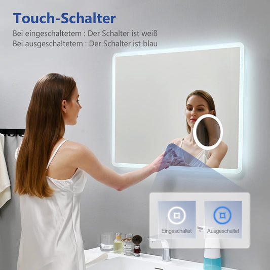 Meykoers LED bathroom mirror with lighting wall mirror 90x70cm bathroom mirror with touch switch fog-free clock and cool white light 6500K energy saving IP44