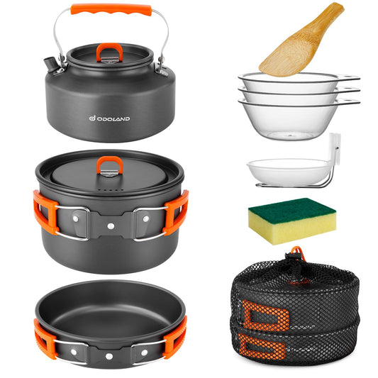 Odoland Camping Cookware Set, 10-piece outdoor dish set with camping pot 2.9L, camping frying pan 0.9L, and teapot 1.6L for camping, outdoor cooking, hiking, and traveling.