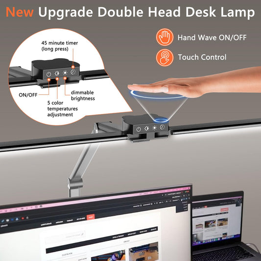 LGMCF Desk Lamp LED Dimmable with Gesture Control and USB & Type-C Port, 24W Clip-on Dual Head Daylight Lamp, 5 Color Modes for Eye Protection Office Desk Lamp for Monitor Work Home Office