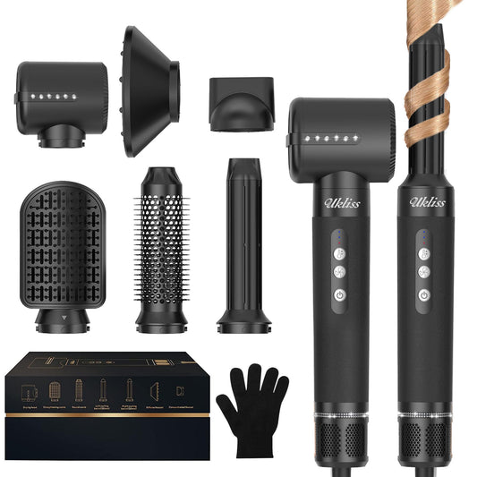 Hair styler 7 in 1, UKLISS Ionic Hair Dryer with Various Attachments: hot air brush, round brush, automatic curling iron, high-speed hair dryer with diffuser, hair straightening brush, gifts for women.