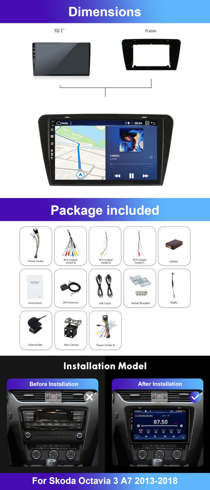 MISONDA 10-inch Android 14 car radio for Skoda Octavia 3 A7 2013-2018, GPS radio with navigation, Carplay, Android Auto, supports steering wheel control, Bluetooth, Mirrorlink, FM AM RDS, 360 camera