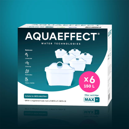 AQUAEFFECT MAX+ water filter cartridge 6-pack - Compatible with BRITA MAXTRA PRO filter jugs