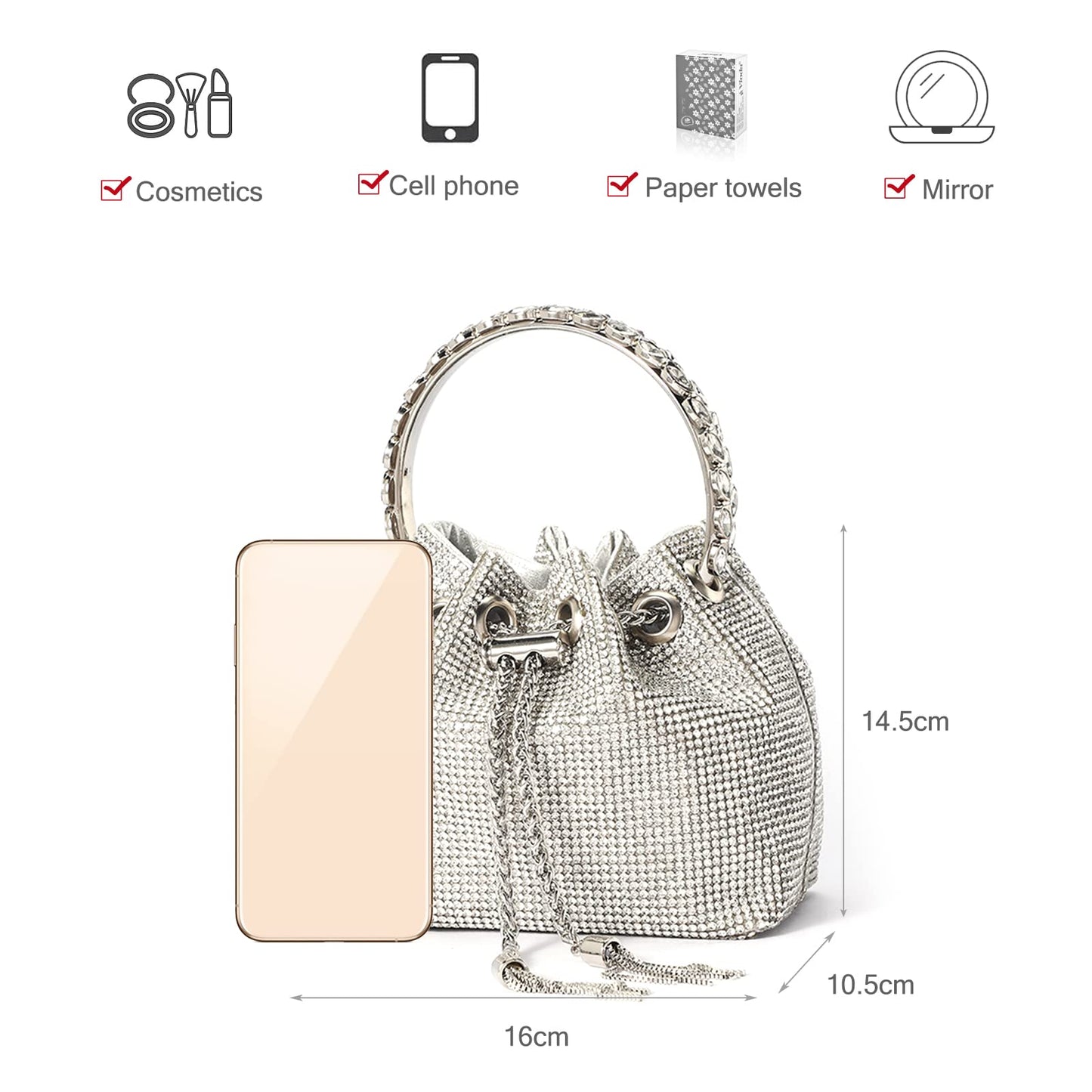 NICOLE & DORIS Women's Bag Rhinestone Elegant Handbag Clutch Glitter Evening Bag Bucket Bag Purse Rhinestones Shoulder Bag for Wedding Party Leisure Silver