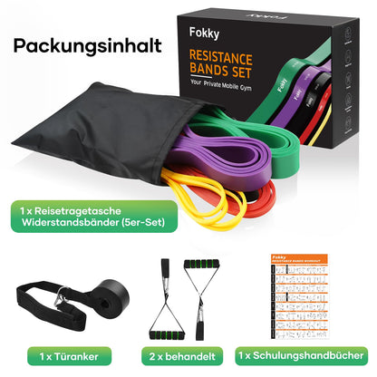 Fokky Fitness resistance bands with 5 levels, includes door anchor, 2 handles, exercise guide, and carrying bag. Great for strength training, yoga, and Pilates. Set of 5.