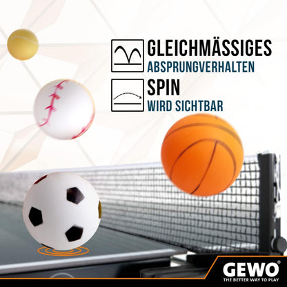 GEWO Sports-Mix Table Tennis Balls - Plastic Table Tennis Balls 40+ in Sport Design - 12 colorful, high-quality Ping Pong Balls - Various designs, 40+ mm diameter.