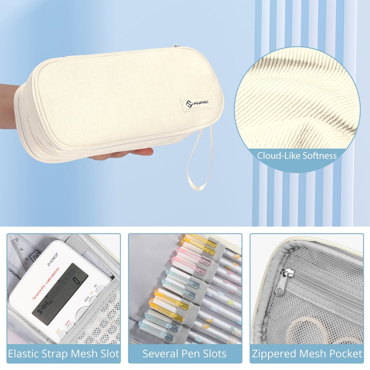FINPAC Pencil Case - Large capacity pencil pouch with 3 compartments, perfect for school & office use. (Beige)