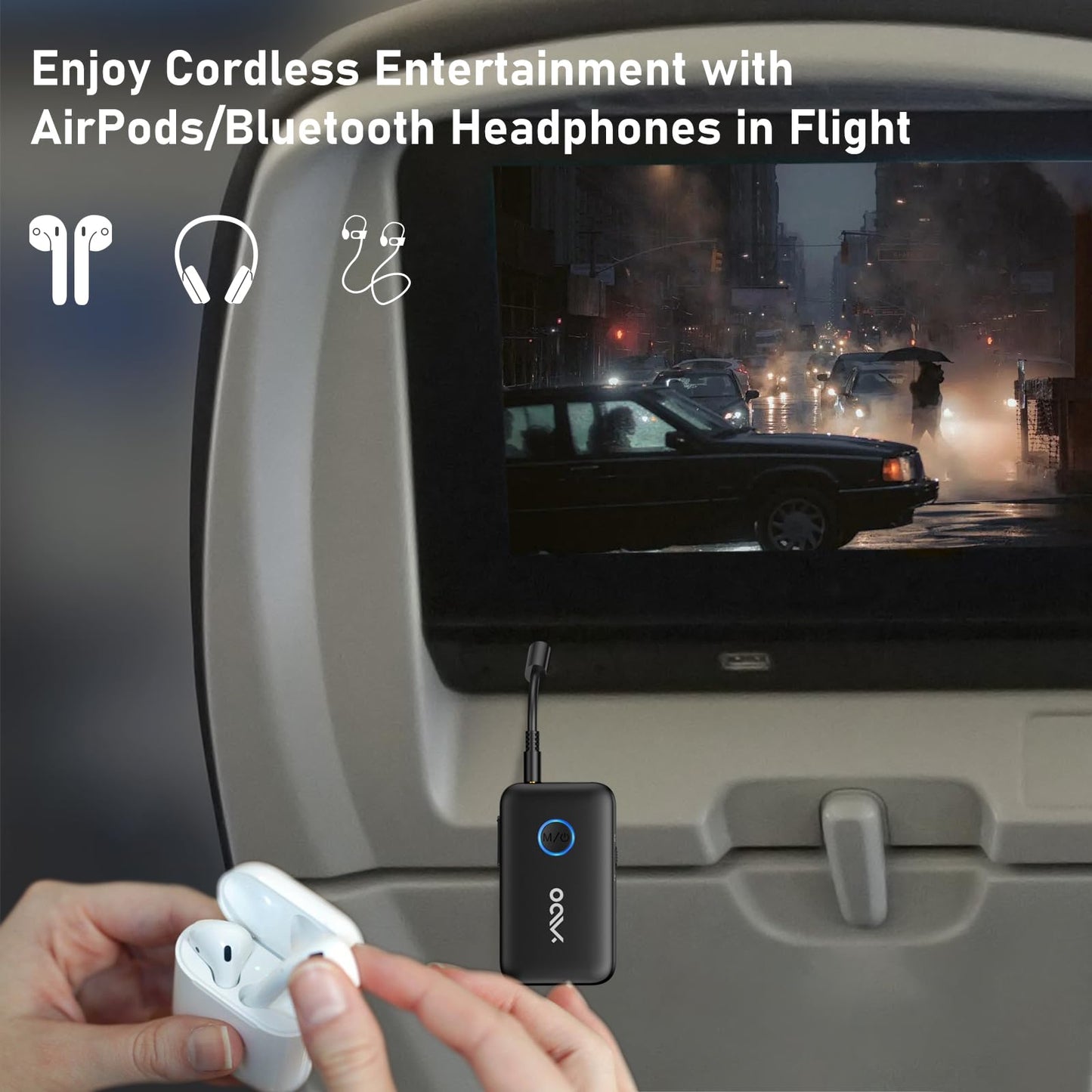 YMOO Bluetooth 5.3 adapter for TV/airplane to headphones, 2-in-1 Bluetooth transmitter receiver with APTX-ll, Bluetooth sender jack 3.5, splitter 2 for TV audio to speaker, 22H.
