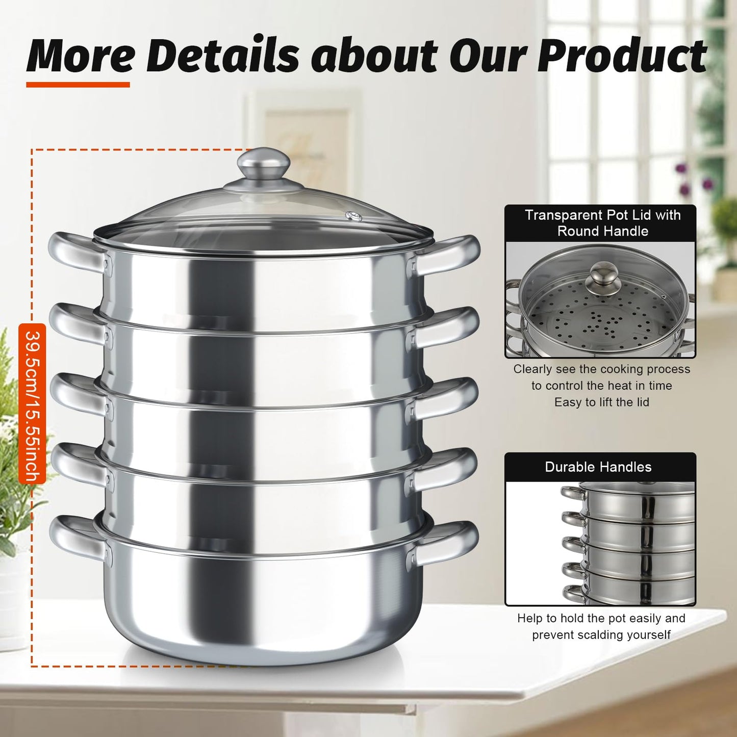 Steamer steam cooker, 5-tier stackable stainless steel steamer pot with glass lid, diameter 26/28/30cm (30cm)