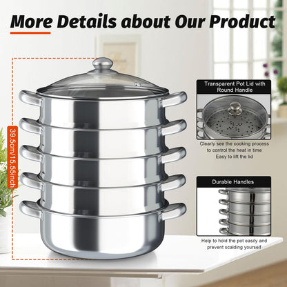 Steamer steam cooker, 5-tier stackable stainless steel steamer pot with glass lid, diameter 26/28/30cm (30cm)