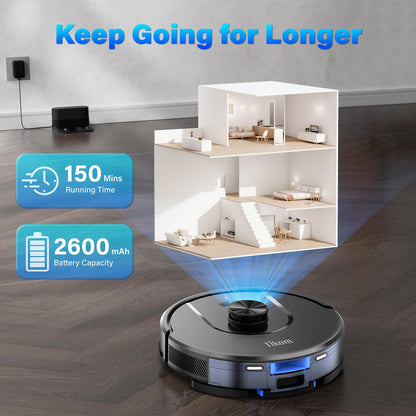 Tikom robot vacuum with mopping function, L8000 vacuum robot with LiDAR navigation, 45dB robot vacuum cleaner, 150 mins max, 14 no-go zones, 20 virtual walls, good for pet hair, carpet, hard floors.
