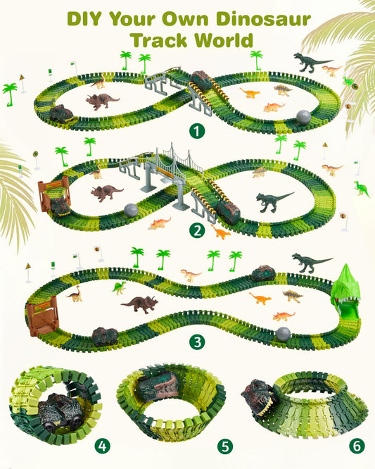 Gleamkid Dinosaur Toys Car Racing Track, Flexible Car Racing Track Railway Playset, Dino Cars Toy, Racing Track Set with many parts, Gift for Kids