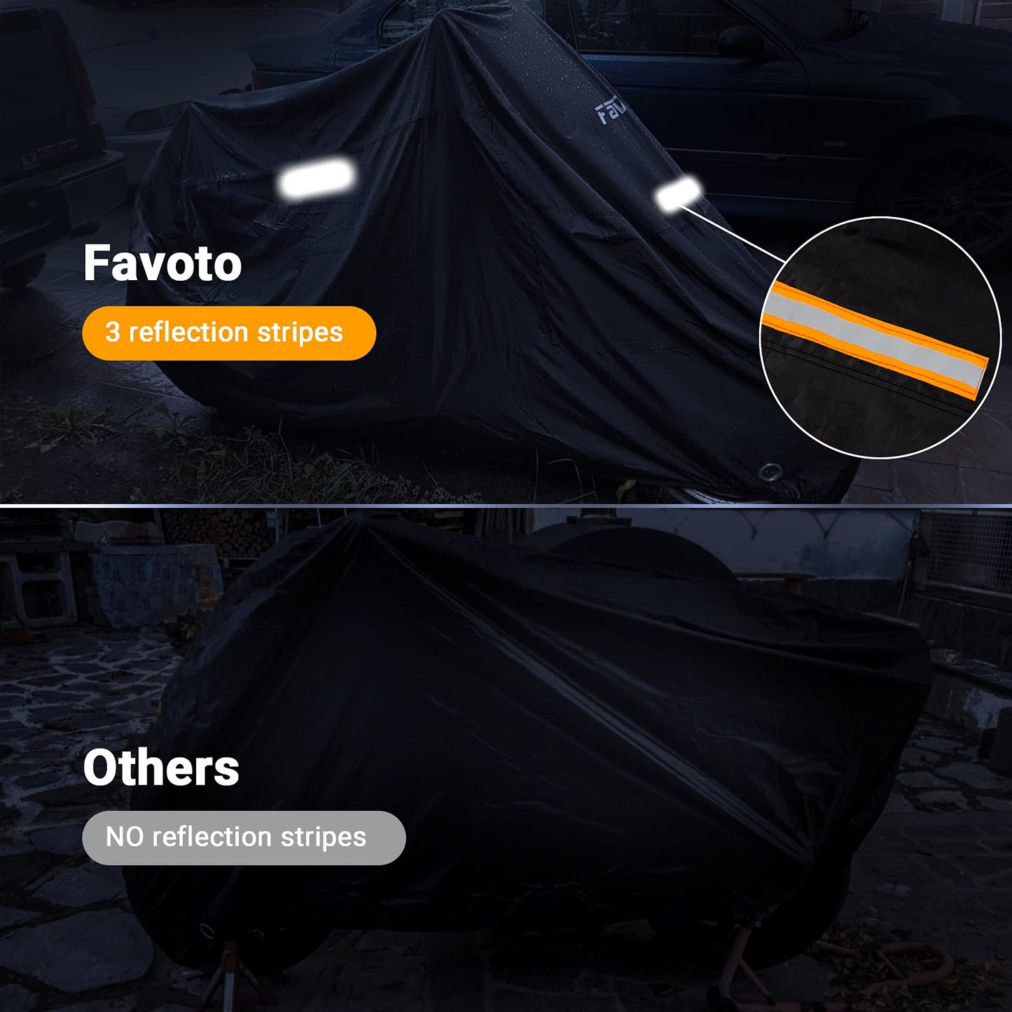 Favoto Motorcycle Cover Outdoor 210T Oxford Fabric Cover Indoor Motorbike Double Stitched with Waterproof Stripes Enhanced Lock Hole 295cmx105cmx125cm