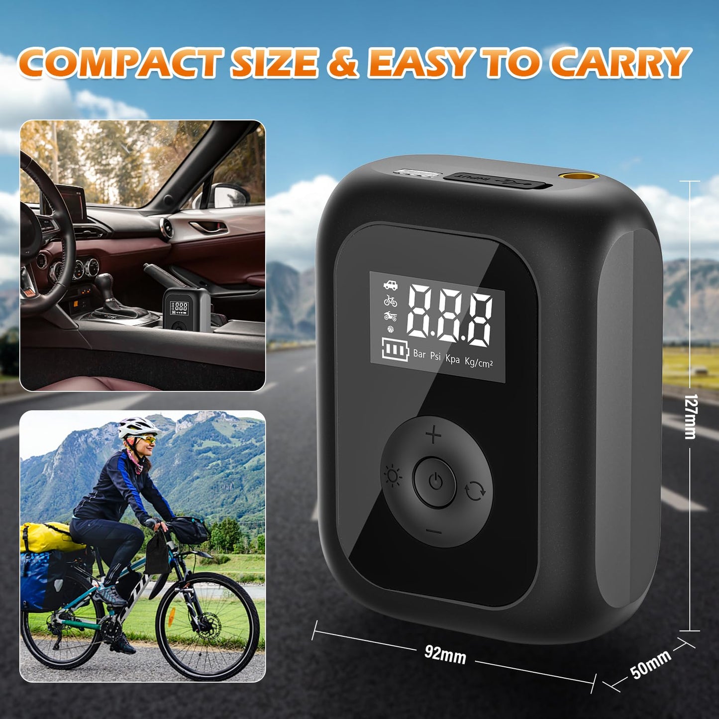 Electric bike pump 6000mAh, mini compressor for tires 10.3 bar, cordless portable battery air pump with auto stop, 150 PSI battery air pump for car, bicycle, motorcycle, balls.