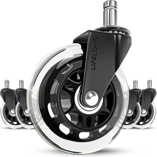 Office chair casters 5-pack, casters for office chairs, replacement wheels for office chairs on carpet and hardwood floors, durable office chair wheels replace floor mats (Not for IKEA), 11x22mm, Transparent