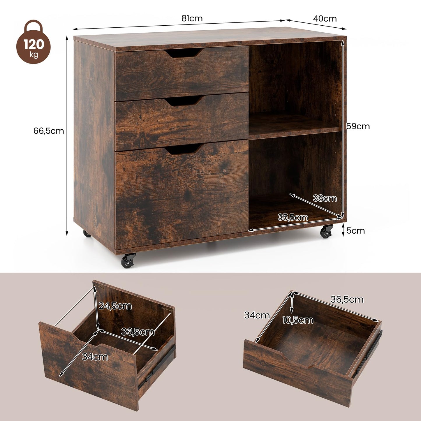 COSTWAY rolling cabinet with 3 drawers, file cabinet with wheels and open compartments, printer stand, office cabinet for documents in DIN A4, letter format, legal format (Rustic Brown)
