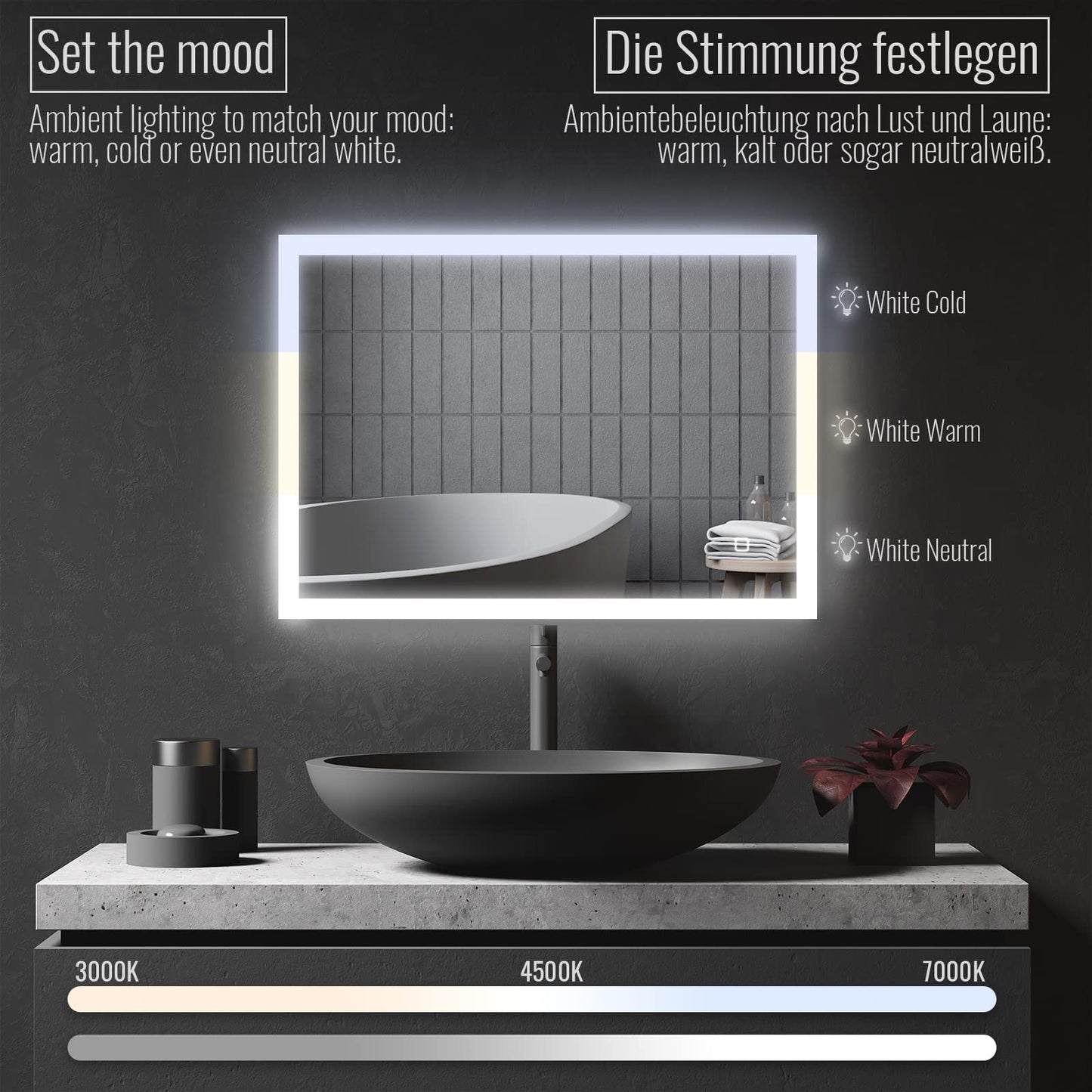 Aquamarin® LED Bathroom Mirror - 80x60 cm, Anti-fog, Dimmable, Energy-saving, with memory function, 3000-7000K - Bathroom mirror, LED mirror, light mirror, wall mirror for bathroom