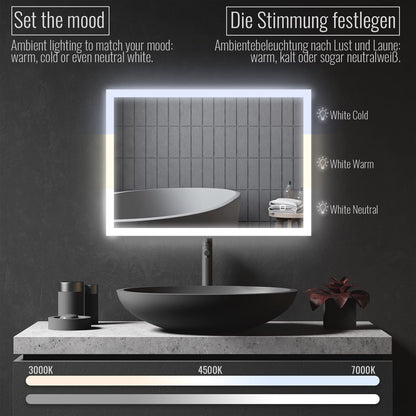 Aquamarin® LED Bathroom Mirror - 80x60 cm, Anti-fog, Dimmable, Energy-saving, with memory function, 3000-7000K - Bathroom mirror, LED mirror, light mirror, wall mirror for bathroom