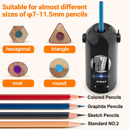 AFMAT Fully Automatic Electric Pencil Sharpener with Container, Electric Sharpener for 7-11.5mm pencils, Portable and Safe, Rechargeable Pencil Sharpener for Home, Office, School, Black