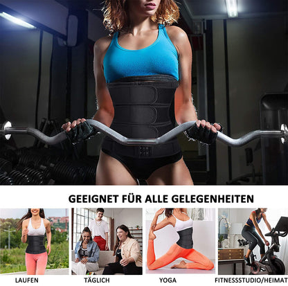 Gotoly waist trimmer fitness belt helps with fat burning and waist shaping. Made of adjustable neoprene material, it's perfect for women looking to sweat and trim their waist size.