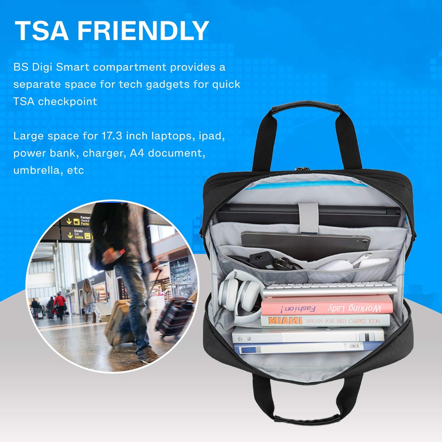 Bagsmart 17.3-inch laptop bag, expandable briefcase, computer bag for men and women, laptop shoulder bag, work bag, business trips, office, lockable (Black-17.3 inches)