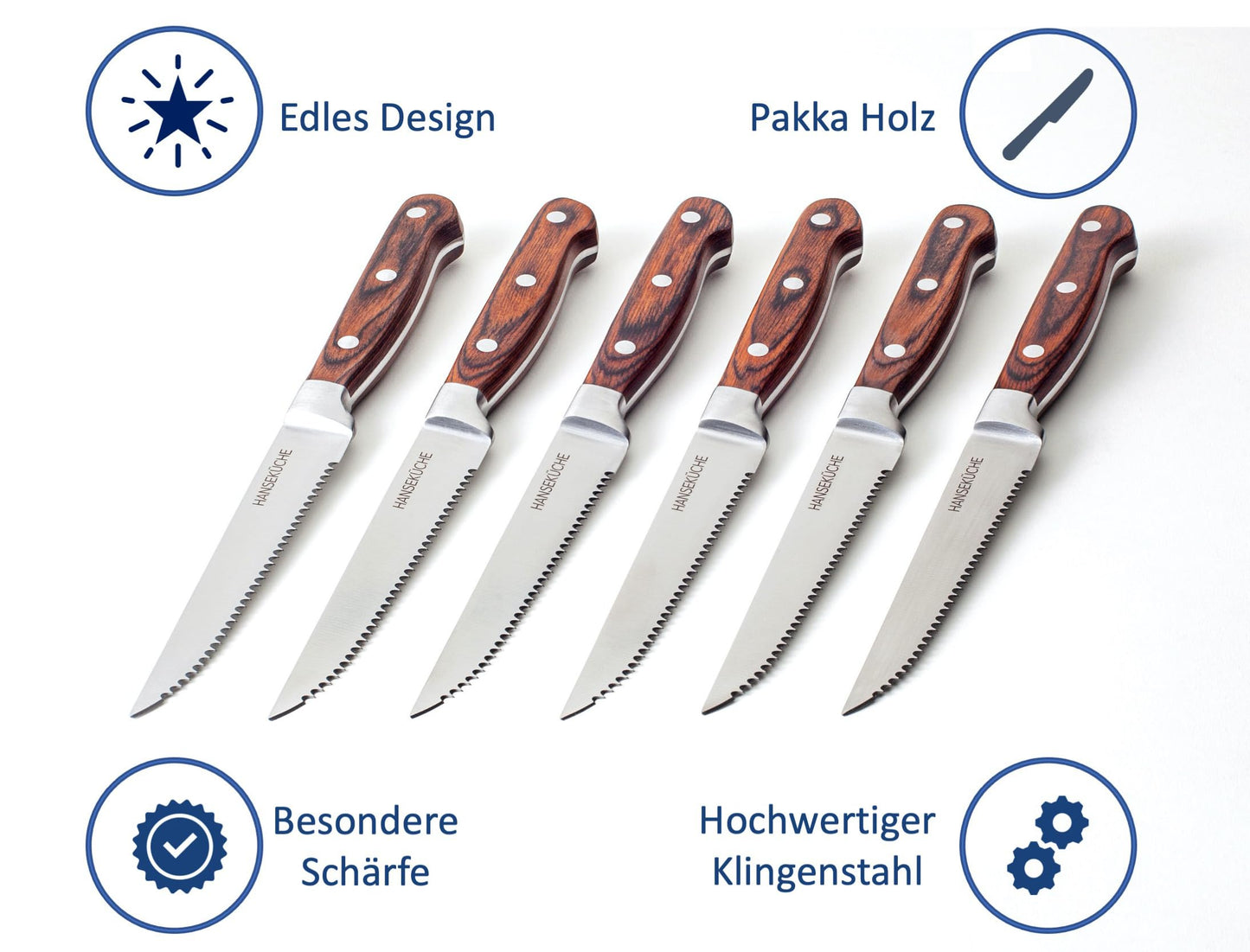 Hanseatic Kitchen Steak Knife Set - 6 High-Quality Steak Knives with Wooden Handles - Elegant Cutlery Set made of stainless special blade steel with serrated edge and gift box (Brown)