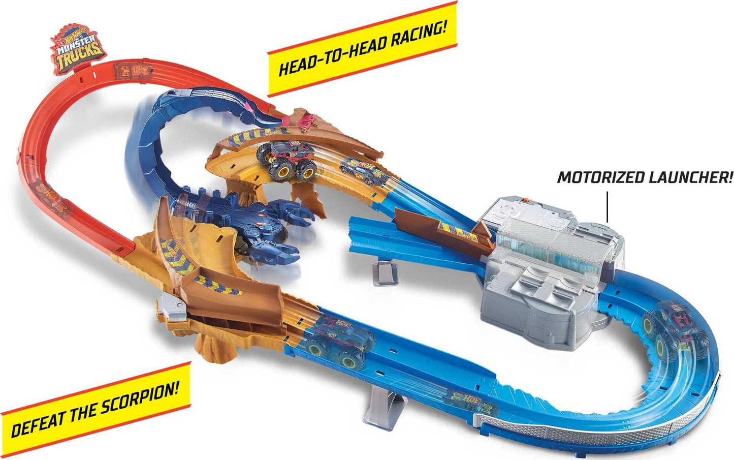 Hot Wheels GTL33 - Monster Trucks Scorpion Accelerator Track Set with monster truck and Hot Wheels vehicle, featuring a giant scorpion as the archenemy, for ages 4 and up.
