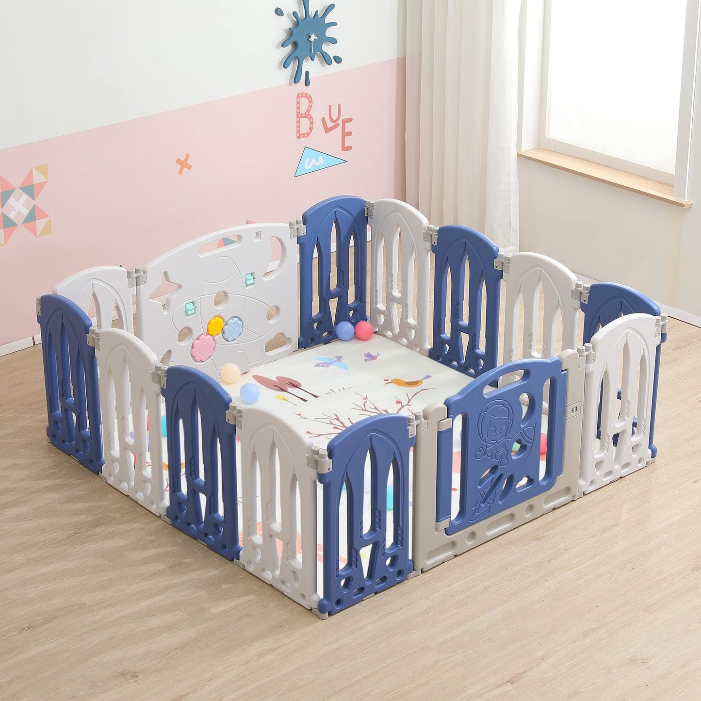 Foldable baby playpen, play yard with door and toy board, 12 panel blue+white baby gate, plastic playpen (12 pieces)