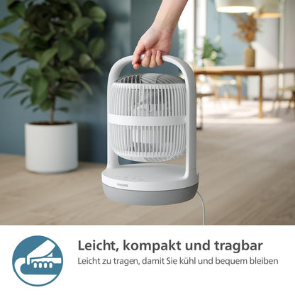 Philips Table Fan Series 2000. Powerful & super quiet with SilentWings Technology. 23 dB. Air circulation. Adjustable tilt up to 180°. 12-hour timer. Bedroom, home, & office. White (CX2050/00)