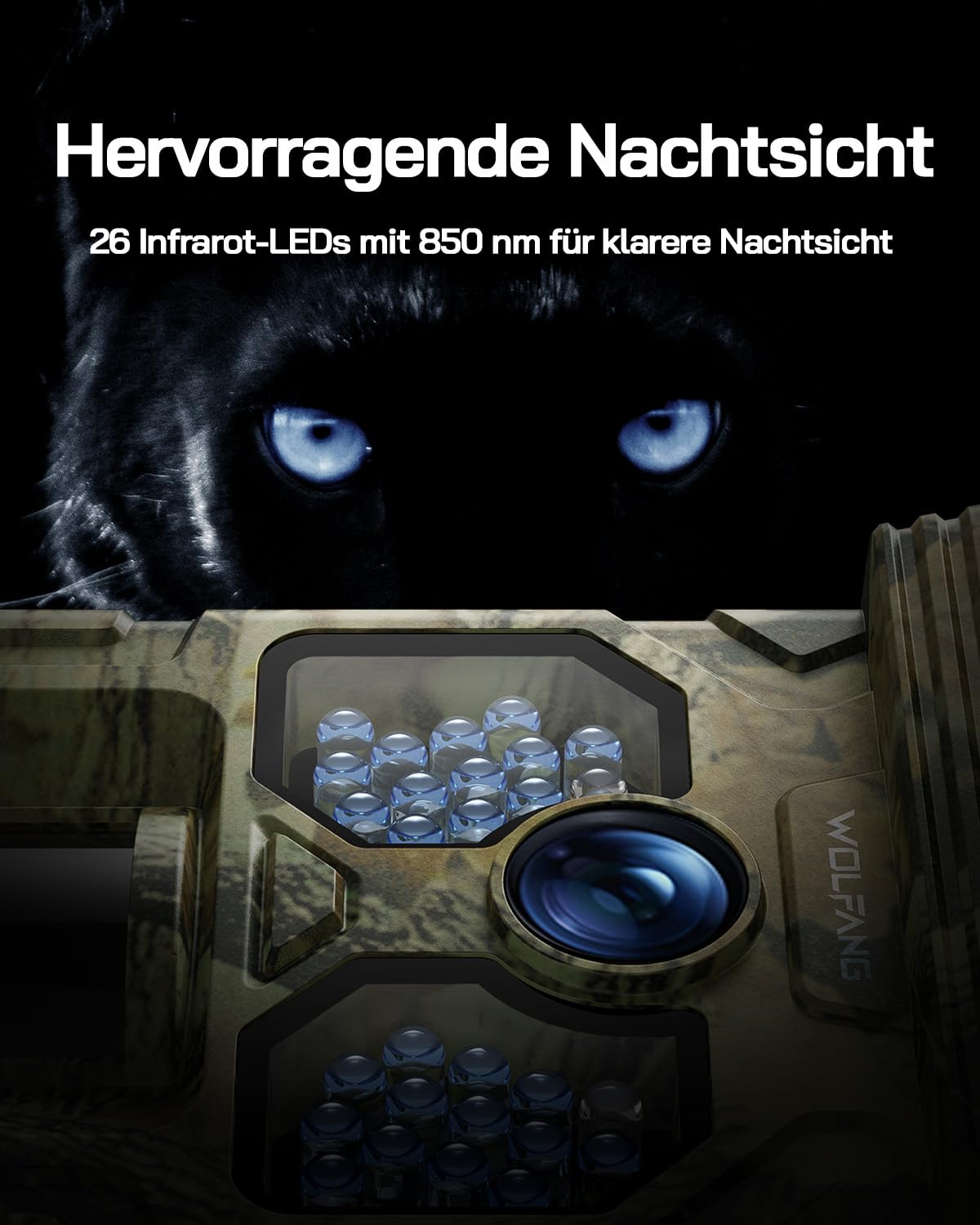 WOLFANG trail camera, 4K solar video wildlife camera with 32G memory card, 48MP full HD resolution hunting camera, night vision, motion sensor, 0.1s trigger time, IP66 waterproof for wildlife monitoring.