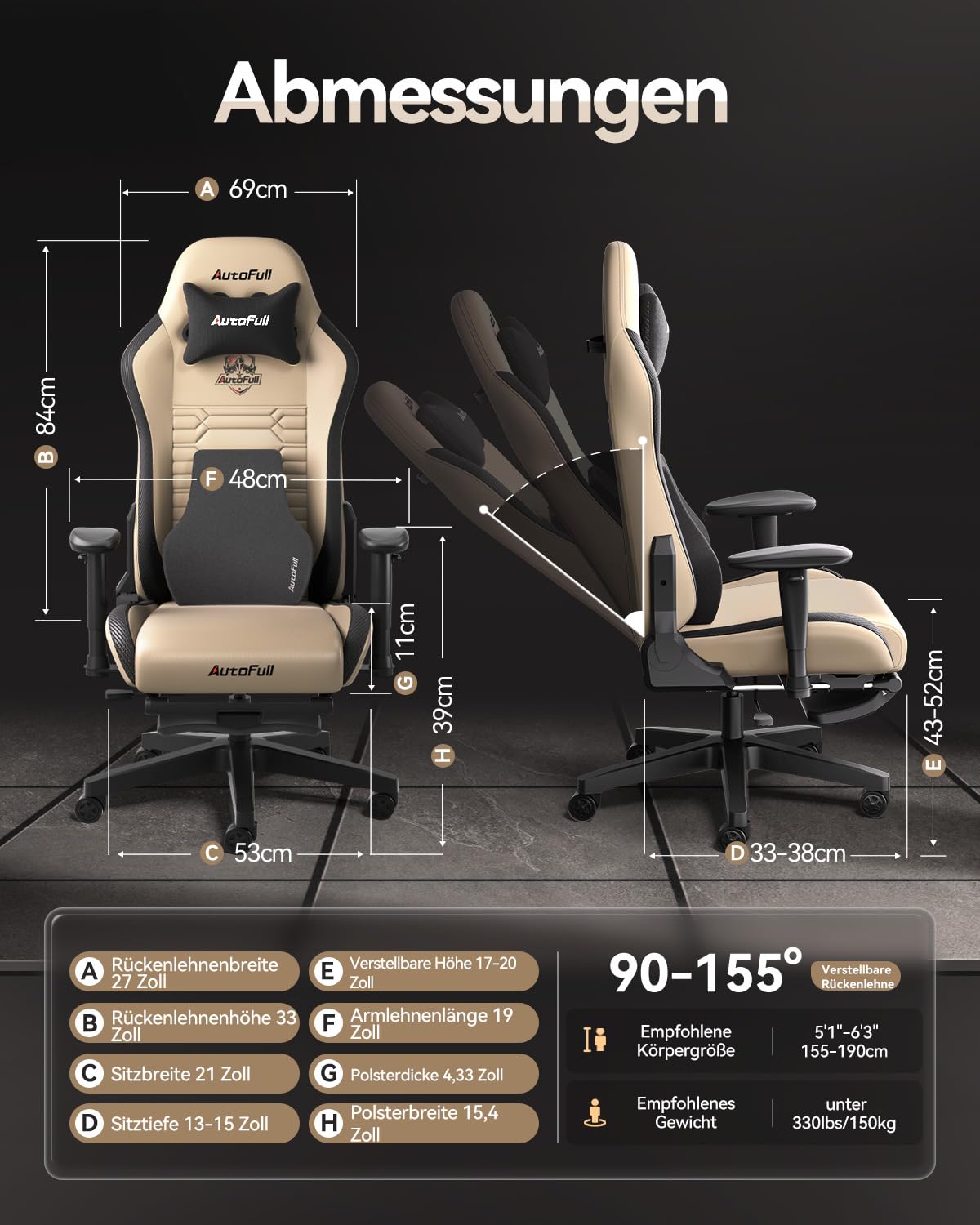 AutoFull C3 Gaming Chair, Ergonomic Gaming Chair with Lumbar Support, Height Adjustable & Reclining Function, Gaming Chairs with Footrest, 150 kg Weight Capacity, Racing Seat Design PU Leather (Brown)