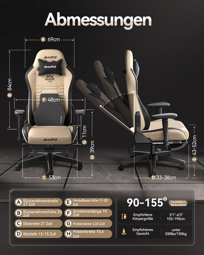 AutoFull C3 Gaming Chair, Ergonomic Gaming Chair with Lumbar Support, Height Adjustable & Reclining Function, Gaming Chairs with Footrest, 150 kg Weight Capacity, Racing Seat Design PU Leather (Brown)