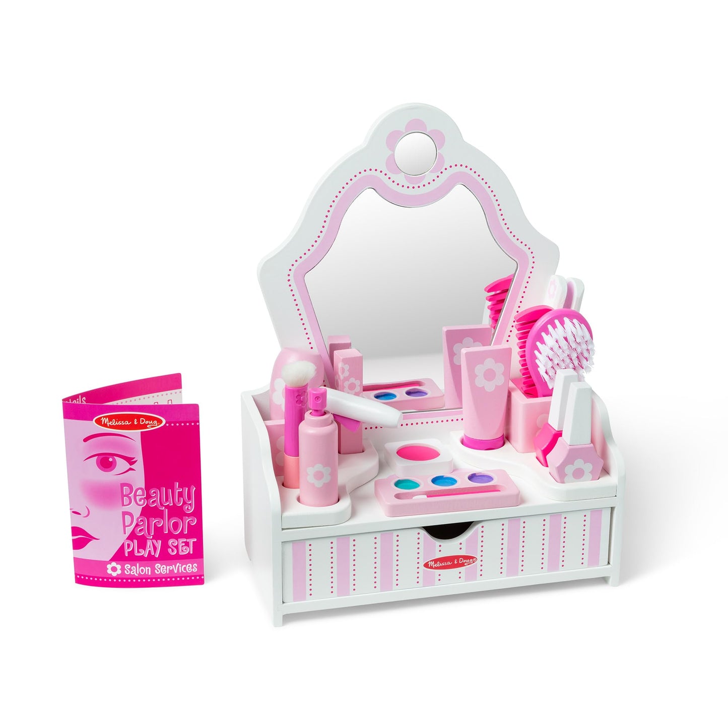 Melissa & Doug wooden beauty salon play set - 18-piece set with vanity and accessories for imaginative role play, no real makeup, for children ages 3 and up - FSC certified.