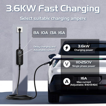 AFYEEV 3.6kW Type 2 charging cable, 6M, with Schuko plug for electric car, adjustable current 8A/10A/13A/16A, EV charger with bag (IEC 62196-2)