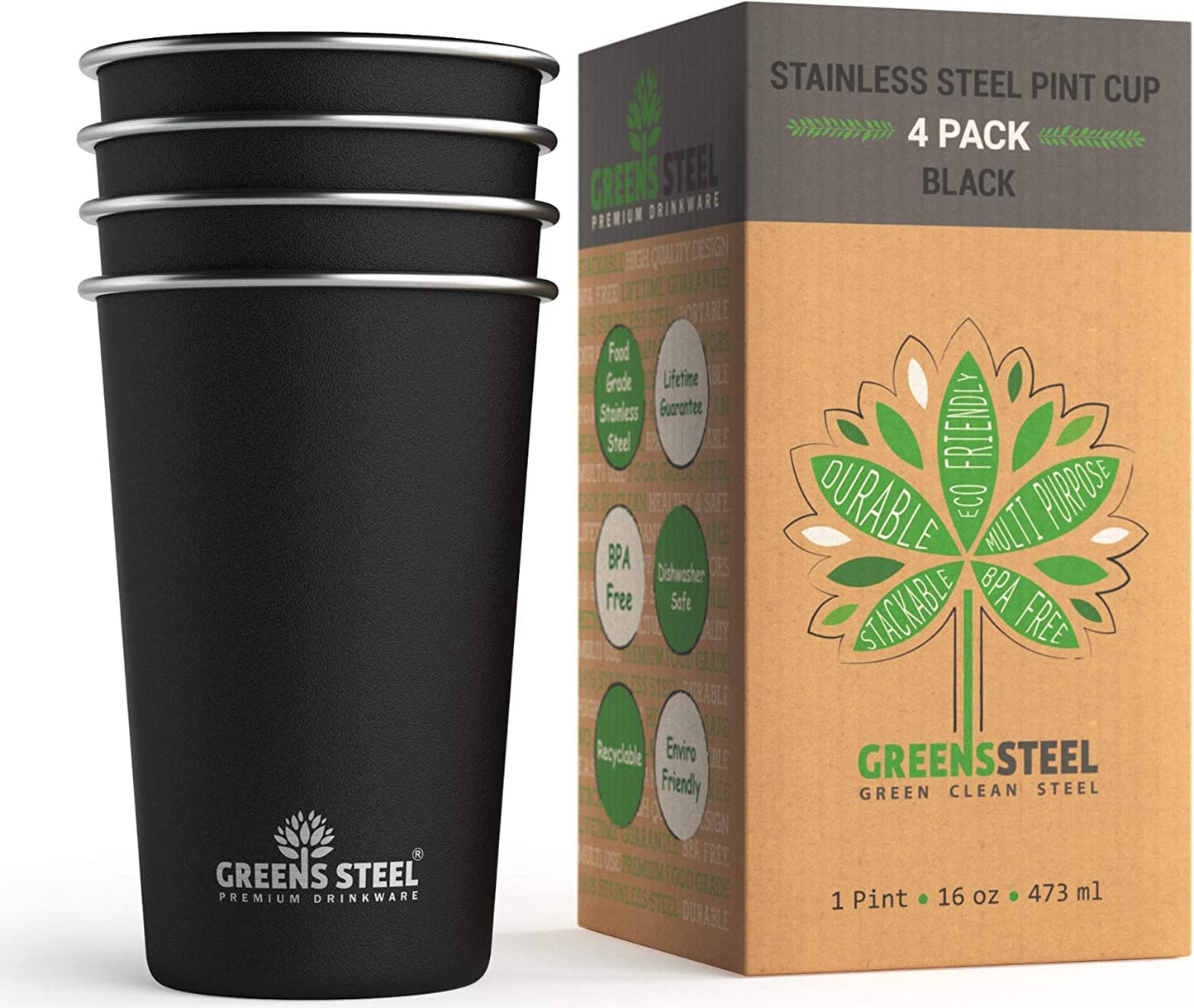 Greens Steel Stainless Steel Tumbler - Set of 4, Black, 16oz I Single-walled, stackable & reusable drinking cup set I Scratch-resistant, non-slip, colorfast & BPA-free I Ideal for travel & camping