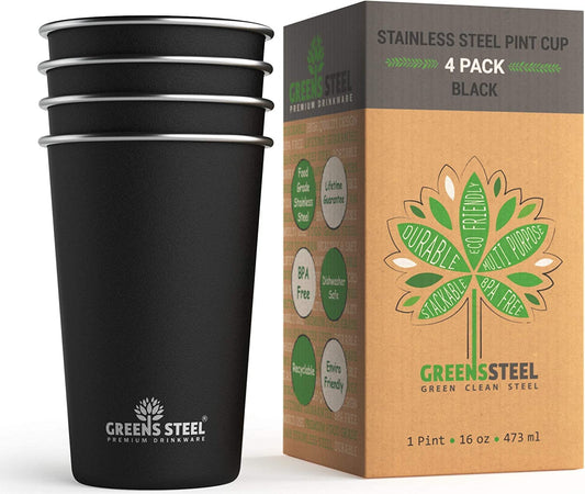 Greens Steel Stainless Steel Tumbler - Set of 4, Black, 16oz I Single-walled, stackable & reusable drinking cup set I Scratch-resistant, non-slip, colorfast & BPA-free I Ideal for travel & camping