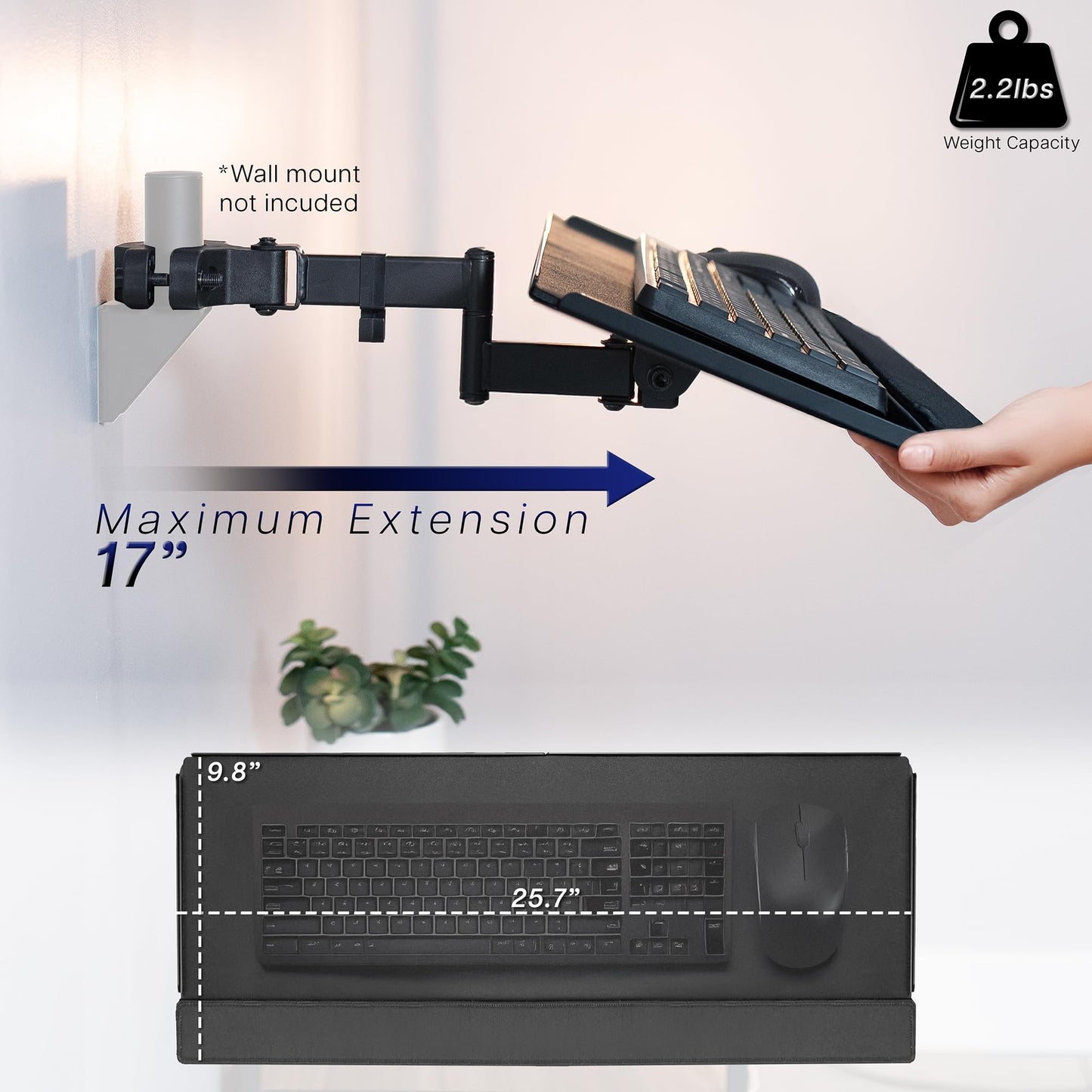 VIVO Universal Keyboard and Mouse Tray with Pole Mount, 66cm, 360-degree rotation, neutral typing position, black, Mount-POLEKB