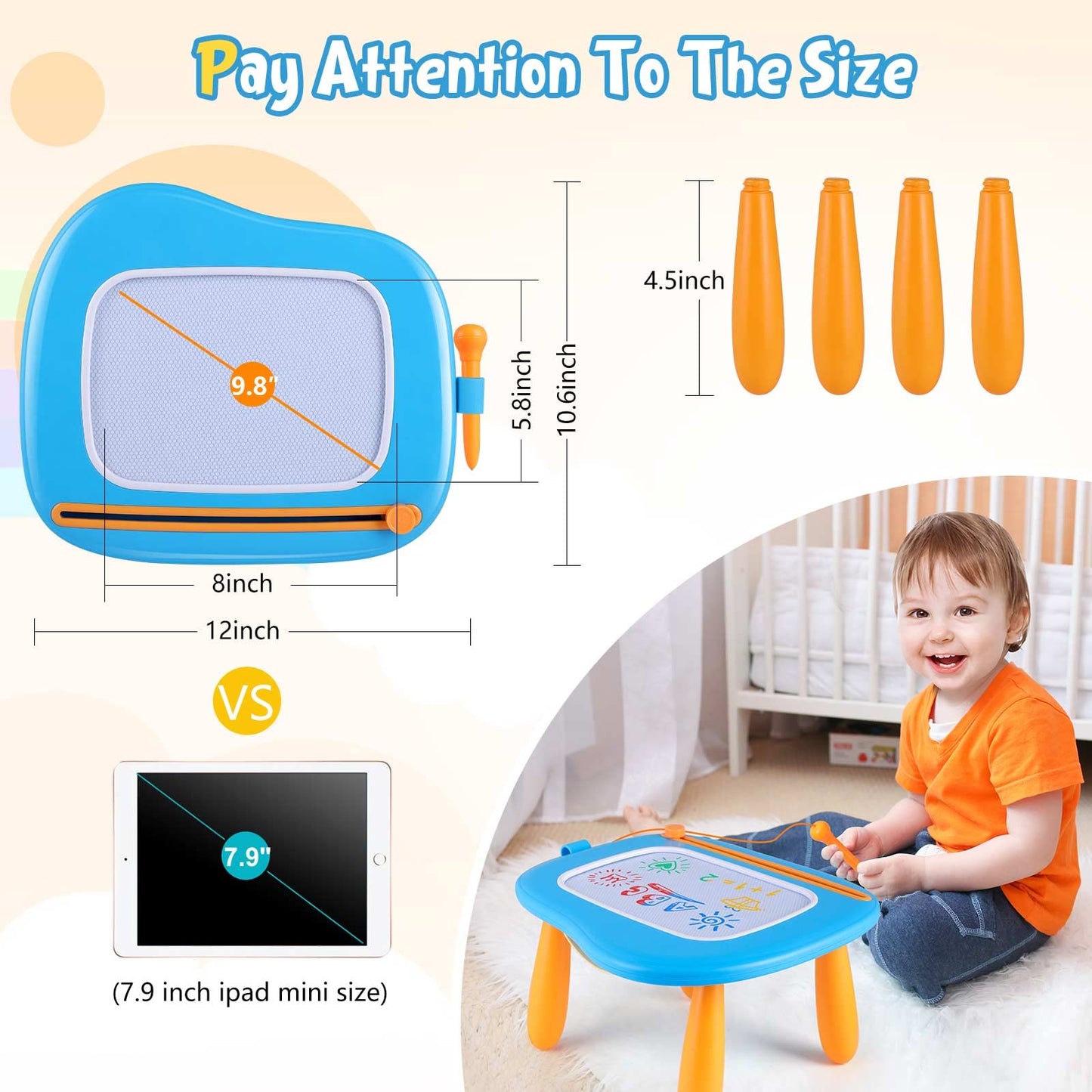 Smagiagon children's toy for ages 1 and up, Magnetic Drawing Board Colorful Doodle Board with 4 Legs for Kids Gift for 1 2 3 Years Old Girls Boys Toys (Blue)