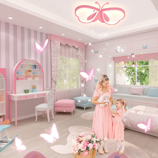 LUOLONG LED Children's Ceiling Lamp Butterfly Ceiling Lamp Dimmable Acrylic Ceiling Light Kids Room Creative Ceiling Lamp Girls' Room Bedroom Cartoon Ceiling Light - Pink 52 cm