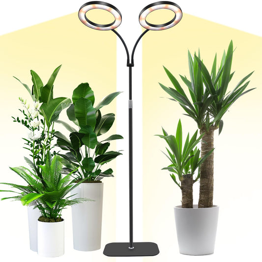 Niello Grow Lamp with Stand, 2-Head LED Plant Light for indoor Plants, Full Spectrum Growth Lamp, Auto on/off 3/9/12H Timer, 10 dimmable Levels, Adjustable Height for tall Plants.