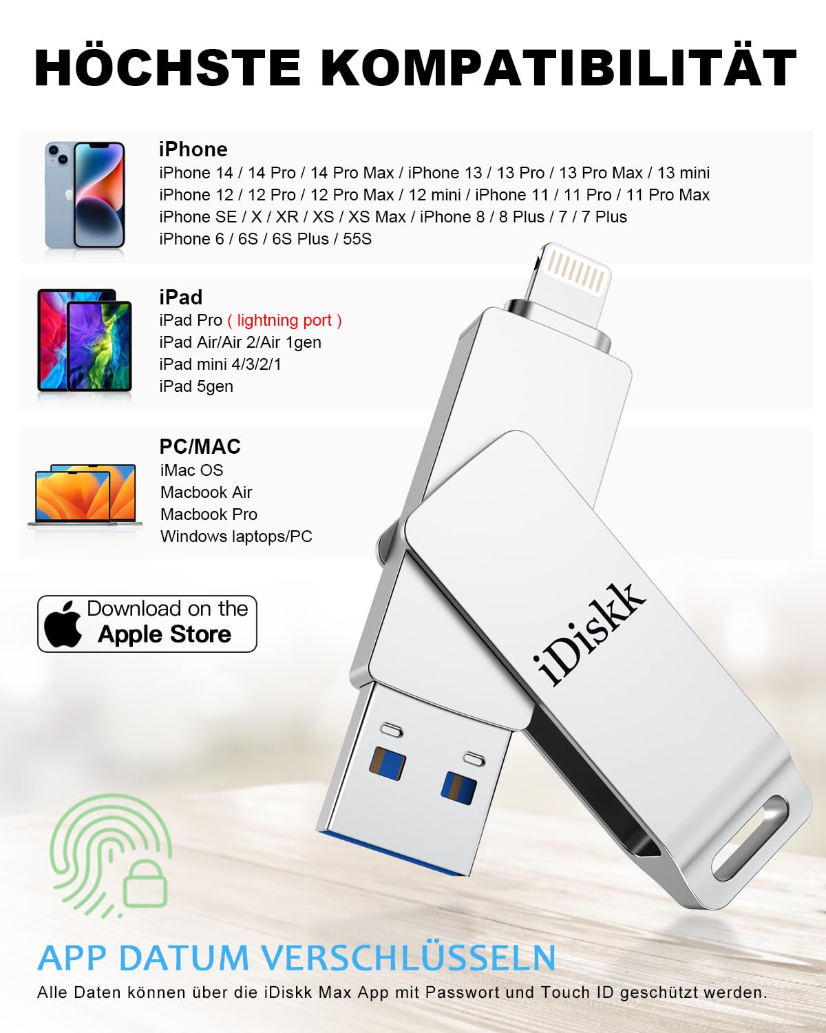 iDiskk MFi-certified 64GB Lightning-USB Photo Stick, Storage Extension Backup Flash Drive