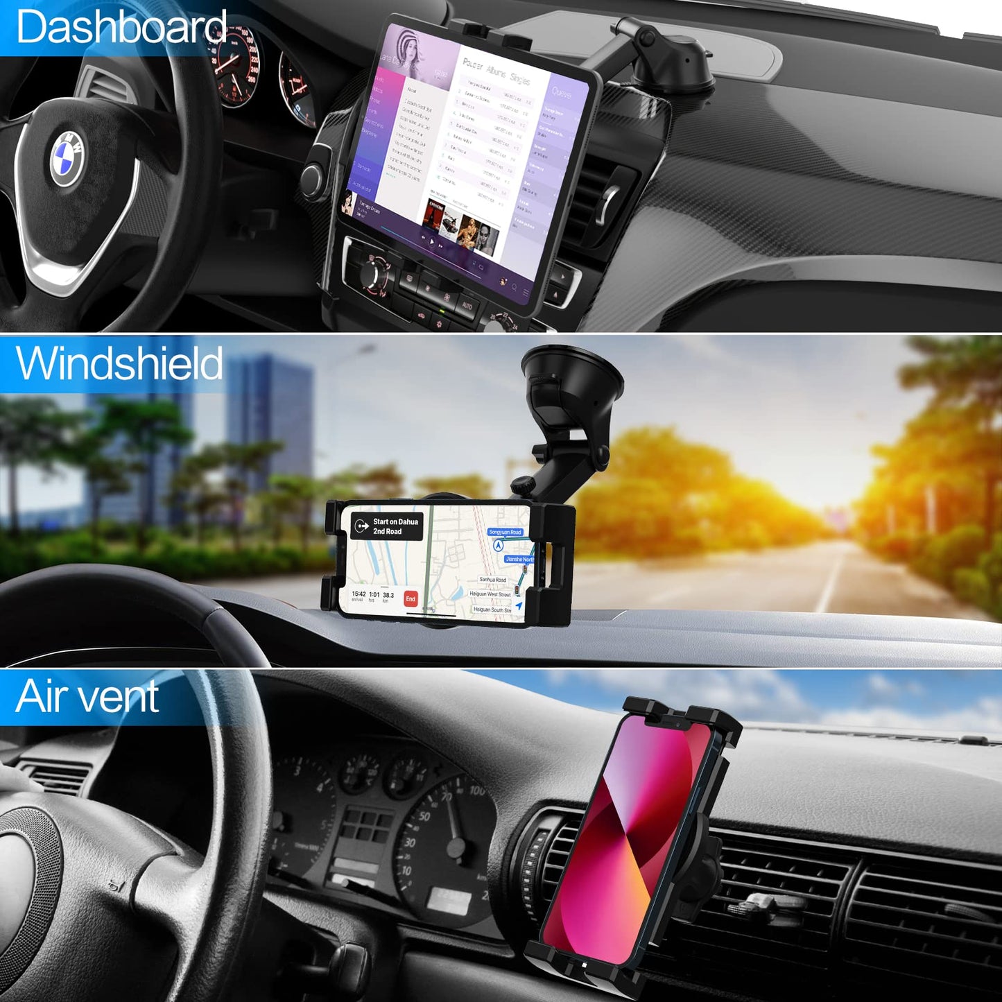 Oilcan car mount 3 in 1 tablet holder suction cup, car vent dashboard windshield tablet holder for iPad mini Air Pro, iPhone, Samsung Galaxy, Fire, 4-12.9" phones and tablets.
