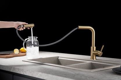 KINSE kitchen faucet with pull-out spray, stainless steel sink faucet kitchen, 2 spray modes, 360° swivel, brushed gold.