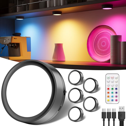 USB rechargeable RGB LED spotlight battery, 2400mAh rechargeable cordless display lighting with remote control and timer Magnetic under cabinet kitchen LED round color changing touch cabinet light for adhesive.