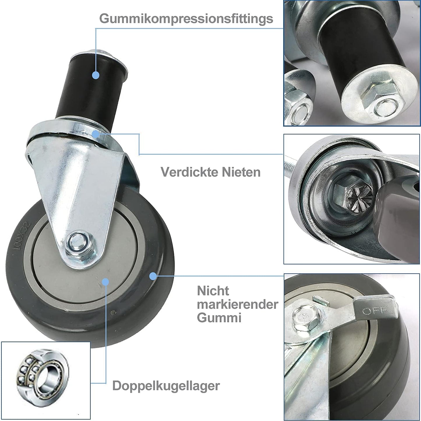 4 pieces heavy-duty casters M12 swivel casters, 100mm PVC wheel casters with brake load capacity 480 KG heavy-duty casters for transportation Non-slip quiet swivel casters Furniture caster