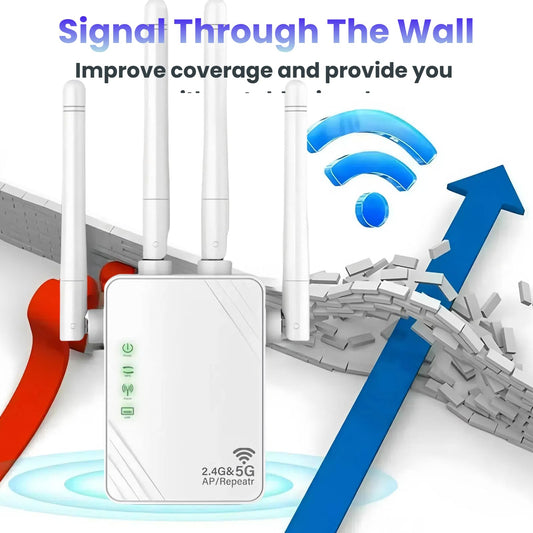 AILKIN WiFi Repeater, 1200 Mbps, Dual Band 2.4G/5G, Wi-Fi Extender, 4 antennas, Wi-Fi amplifier, suitable for home office, WiFi signal extension, internet amplifier - Ethernet port