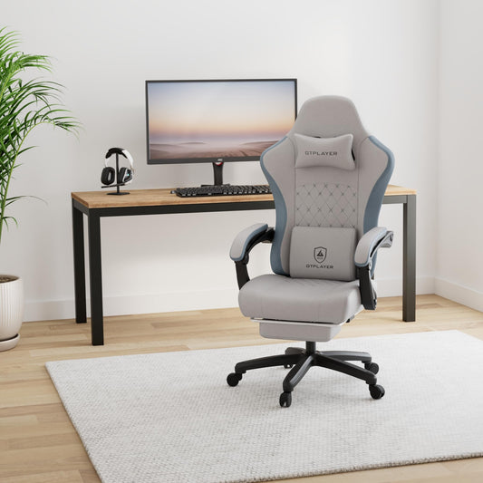 GTPLAYER Gaming Chair Ergonomic Gaming Armchair Desk Chair with Fabric Surface, Spring Seat Cushion, Adjustable Armrests and Footrest Gray